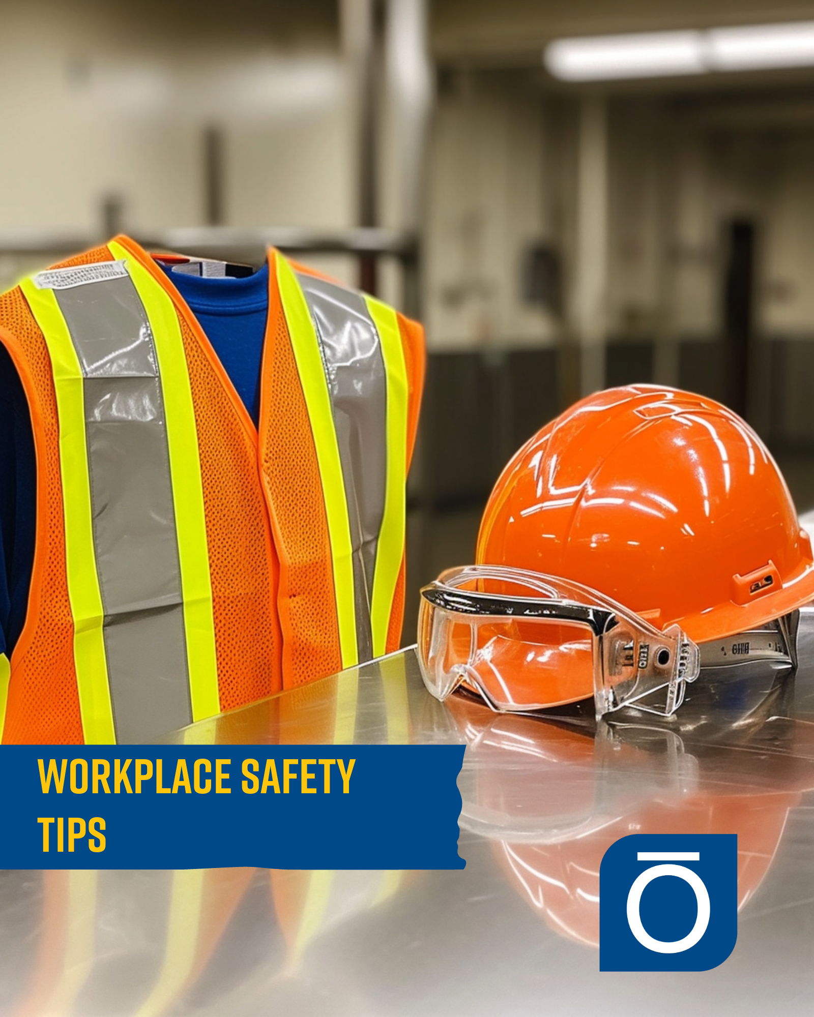 Safety vest, hard hat, and protective goggles on a table, essential gear for workplace safety.