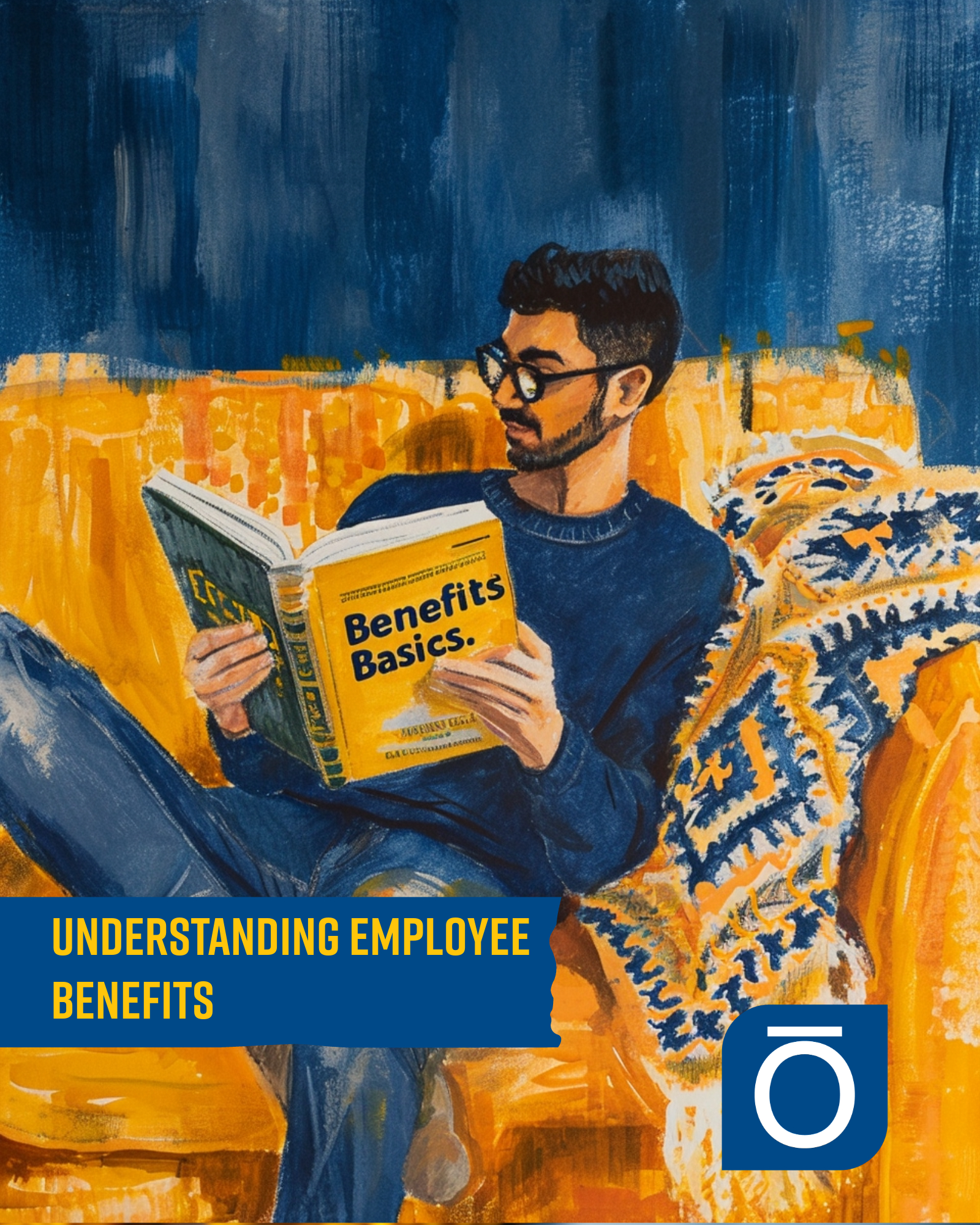 Man reading 'Benefits Basics' book, learning about employee benefits for financial and health well-being.