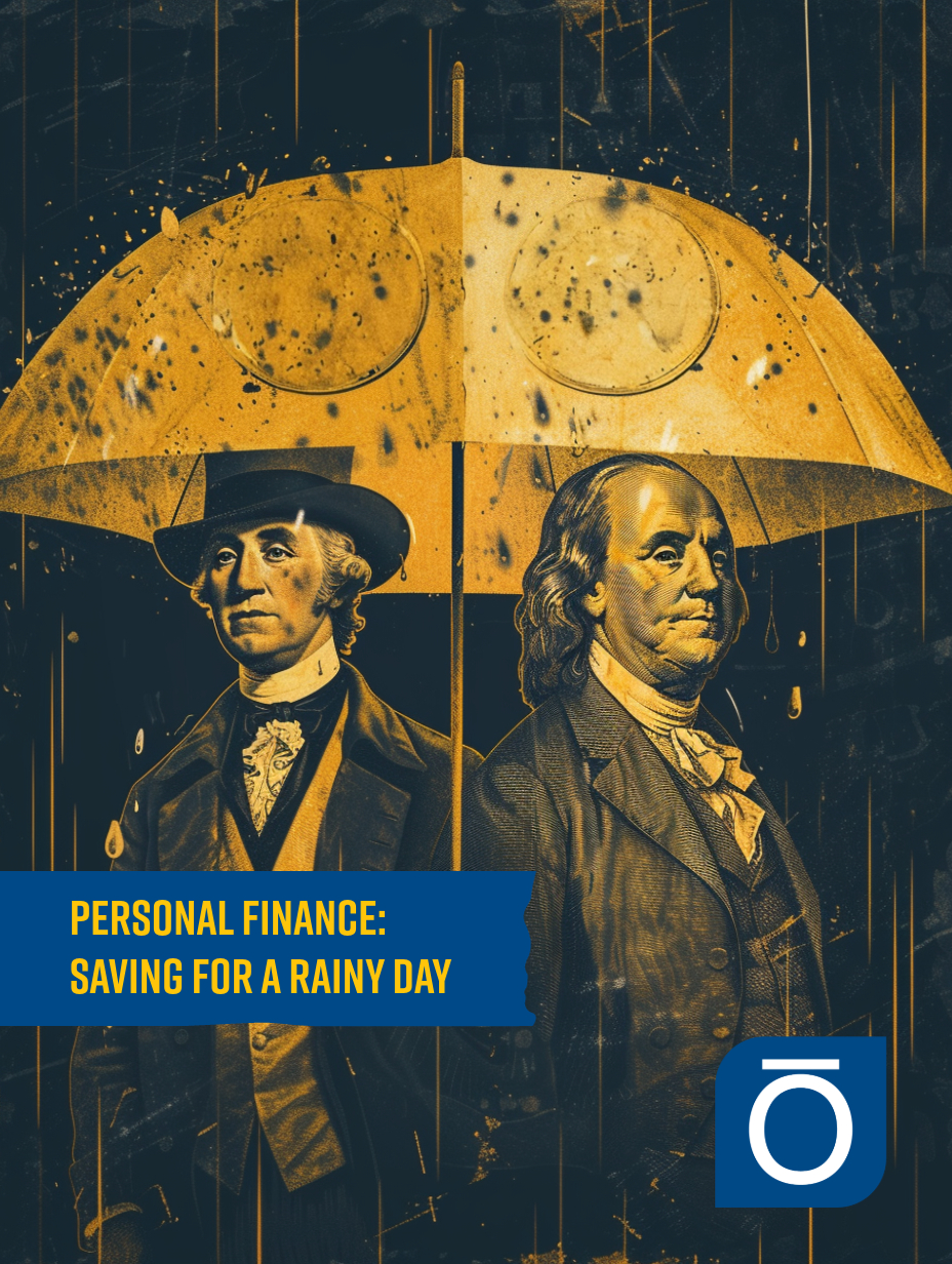 Illustration of George Washington and Benjamin Franklin under a yellow umbrella, representing the safeguarding of personal finance for unforeseen expenses."